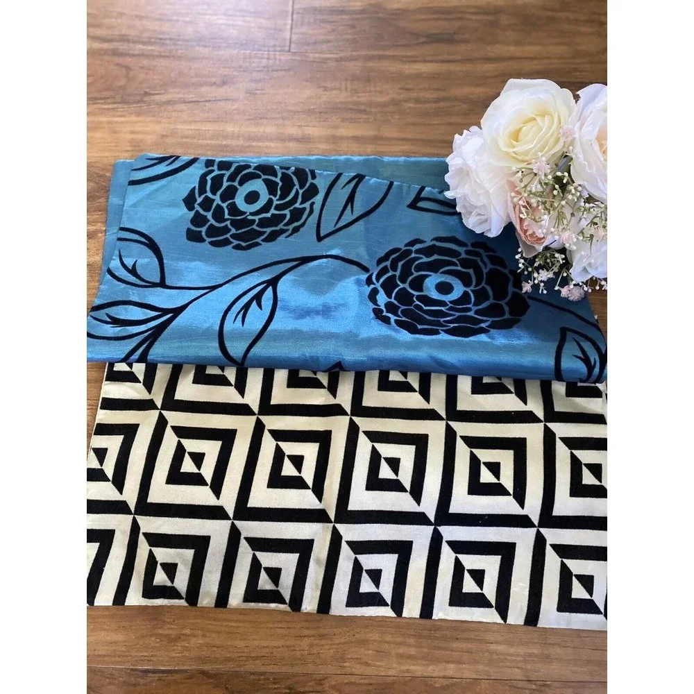 Vintage Set 2 Square Satiny Velvet‎ Detail Pillow Cases Blue Black Beige Zipper